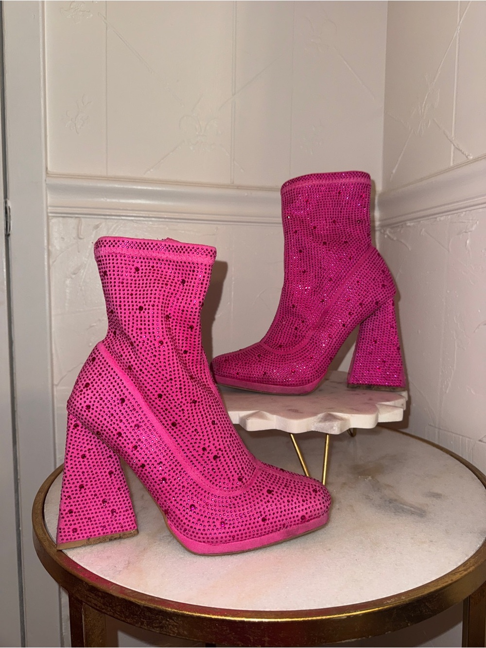 Hot Pink Rhinestone Sock Booties - Women's Heeled Boots